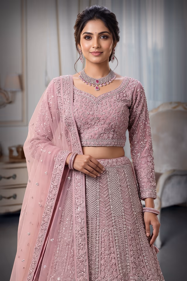 Dusty Pink & Silver Zardozi Heavy Bridal Lehenga Choli Set with Net Dupatta — rent in Edappally