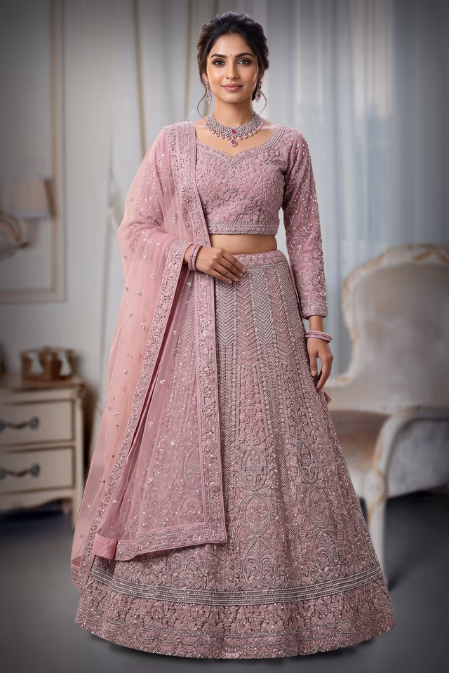 Dusty Pink & Silver Zardozi Heavy Bridal Lehenga Choli Set with Net Dupatta — back view, rent in Edappally