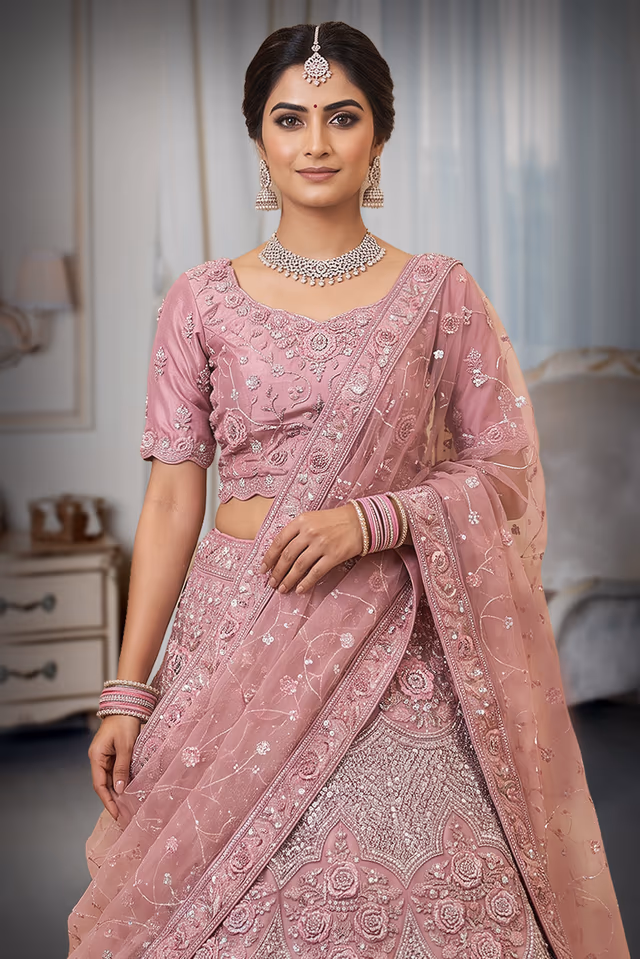Dusty Rose Pink Embroidered Bridal Lehenga — rent in Coimbatore