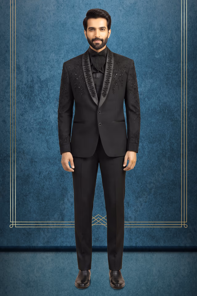 Elegant black groom suit with floral sugar beads Abd embossed work — rent in Bangalore