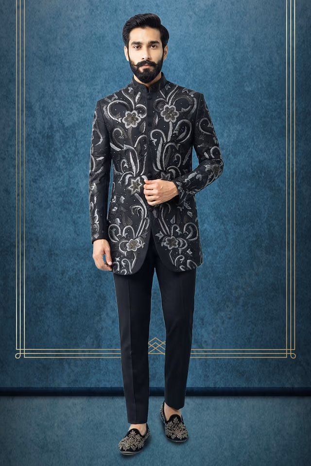 Elegant Black Indo-Western Outfit with Floral Threadwork, Stone Embroidery and Plain Shirt — back view, rent in Bangalore