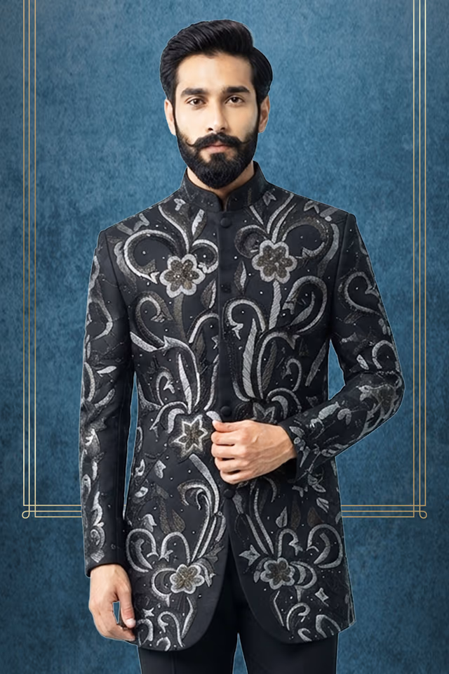 Elegant Black Indo-Western Outfit with Floral Threadwork, Stone Embroidery and Plain Shirt — rent in Bangalore
