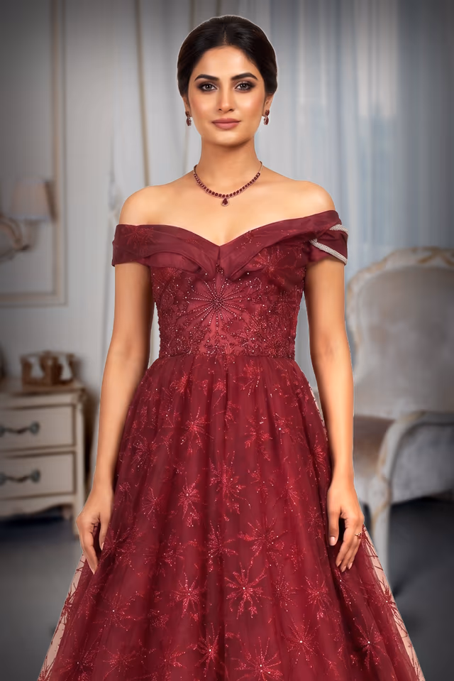 Elegant Cherry Red Gown with Floral Appliqué Work and Boat Neck — rent in Bangalore