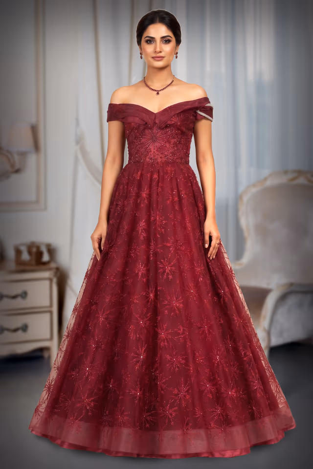 Elegant Cherry Red Gown with Floral Appliqué Work and Boat Neck — back view, rent in Bangalore