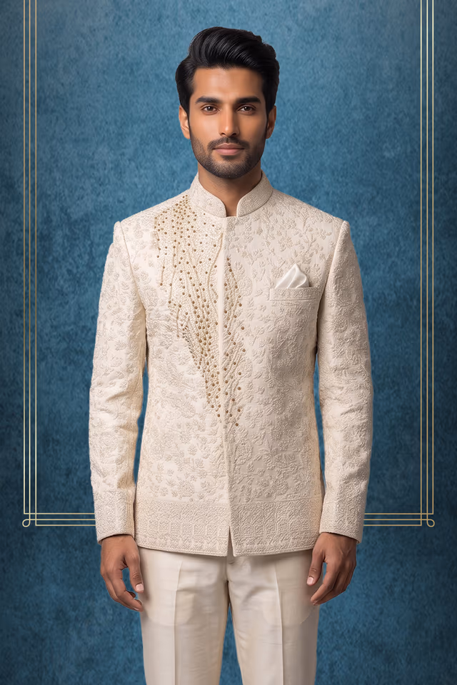 "Elegant Cream Jodhpuri Set Featuring Intricate Gold Embroidery. Includes Matching Kurta,… — back view, rent in Calicut
