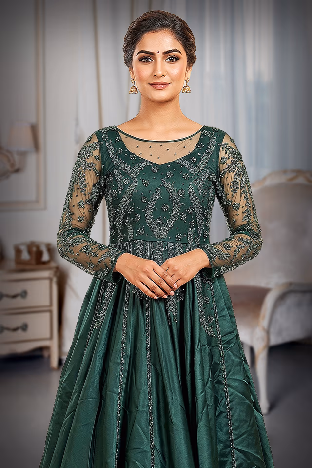 Elegant Dark Green Taffeta-Satin A-Line Gown with Emerald Green Crystal and Sequin Embroidery — rent in Edappally