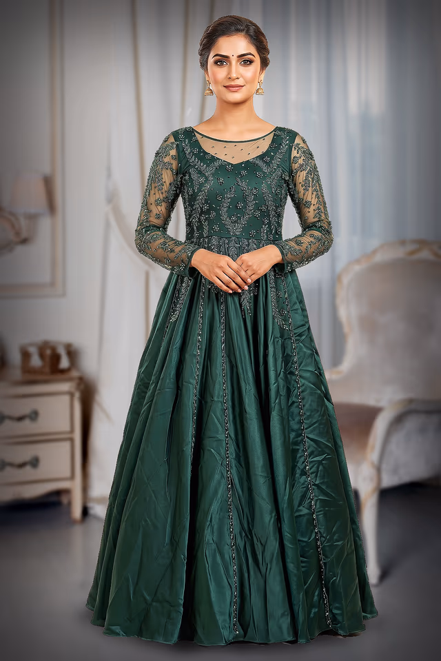 Elegant Dark Green Taffeta-Satin A-Line Gown with Emerald Green Crystal and Sequin Embroidery — back view, rent in Edappally