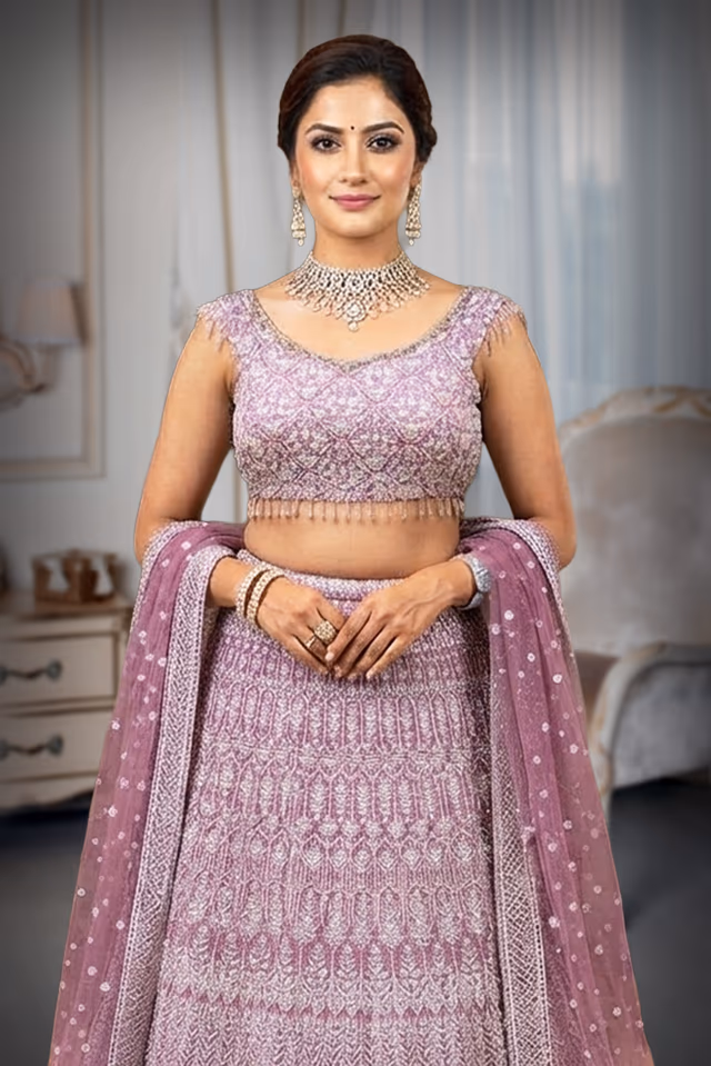 Elegant Dual-Tone Lavender-Pink & Plum Georgette Chikankari Lehenga Set with Fringe Detail — rent in Kochi