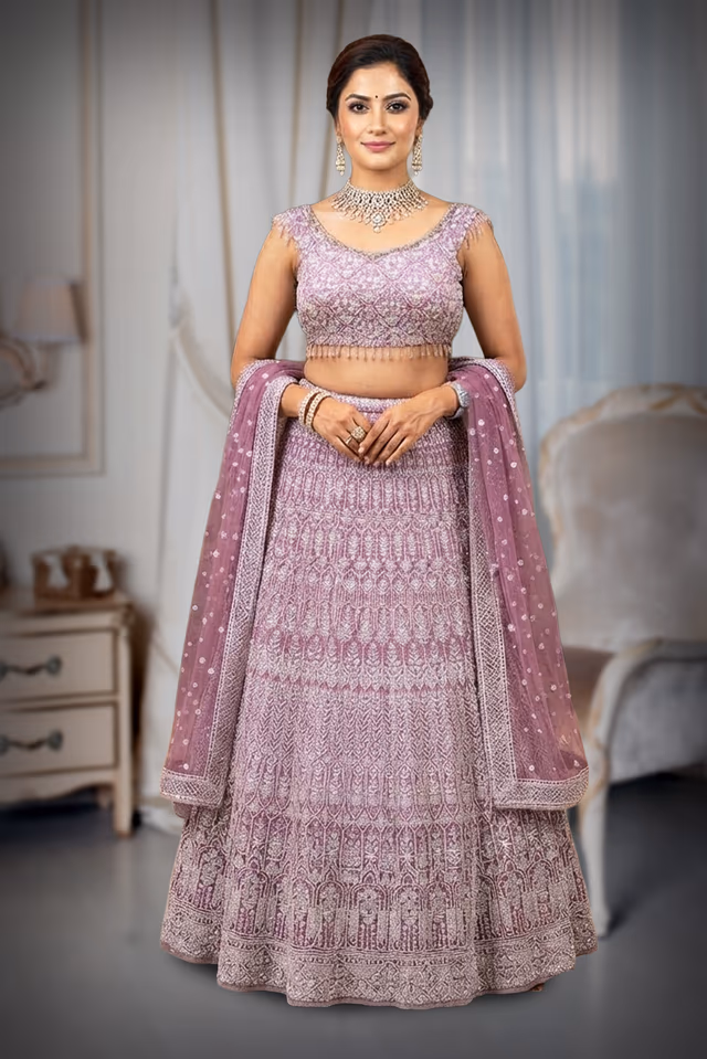 Elegant Dual-Tone Lavender-Pink & Plum Georgette Chikankari Lehenga Set with Fringe Detail — back view, rent in Kochi