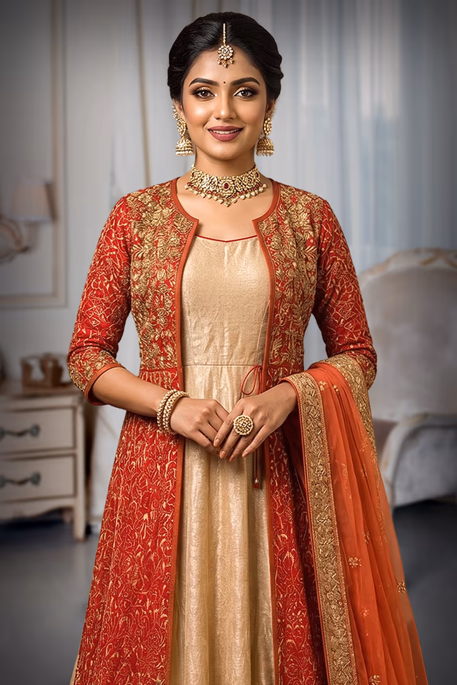 Elegant gold gown with embroidered Red jacket and plain net dupatta — rent in Bangalore