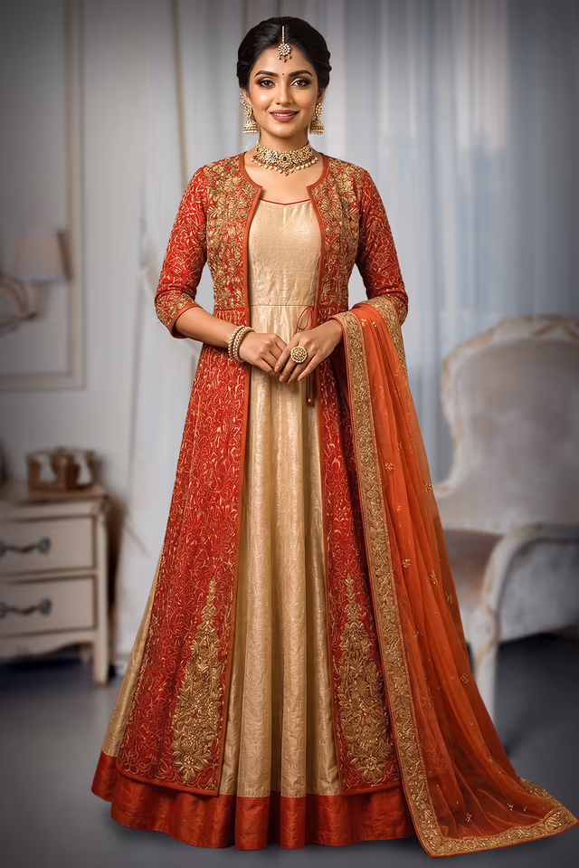 Elegant gold gown with embroidered Red jacket and plain net dupatta — back view, rent in Bangalore