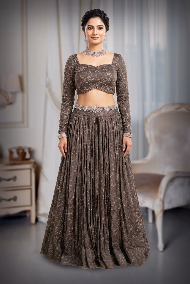 Elegant Hunter Green Lehenga Adorned with Beautiful Intricate Sugar Bead Work — back view, rent in Bangalore