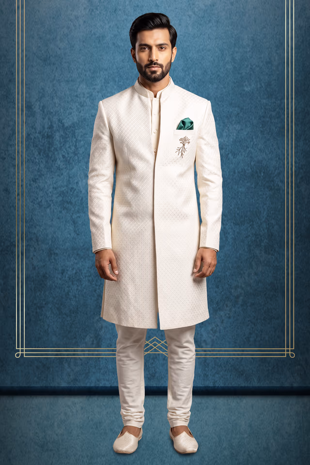 Elegant Ivory-Cream Self-Jacquard Silk Indo-Western Sherwani with Contrast Pocket Square — rent in Kochi