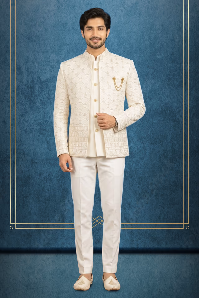 Elegant Ivory Indo-Jodhpuri with Golden Thread Embroidery and Statement Brooch — rent in Bangalore