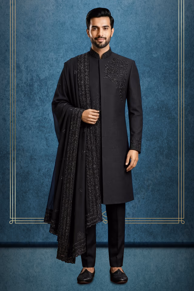 Elegant Ivory Indo-Jodhpuri with Golden Thread Embroidery and Statement Brooch — rent in Bangalore