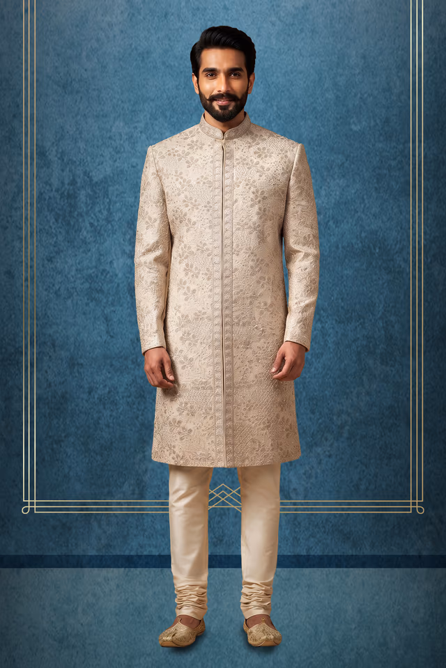 Elegant Ivory Sherwani With Intricate Embroidery For Grand Wedding Occasions — rent in Bangalore