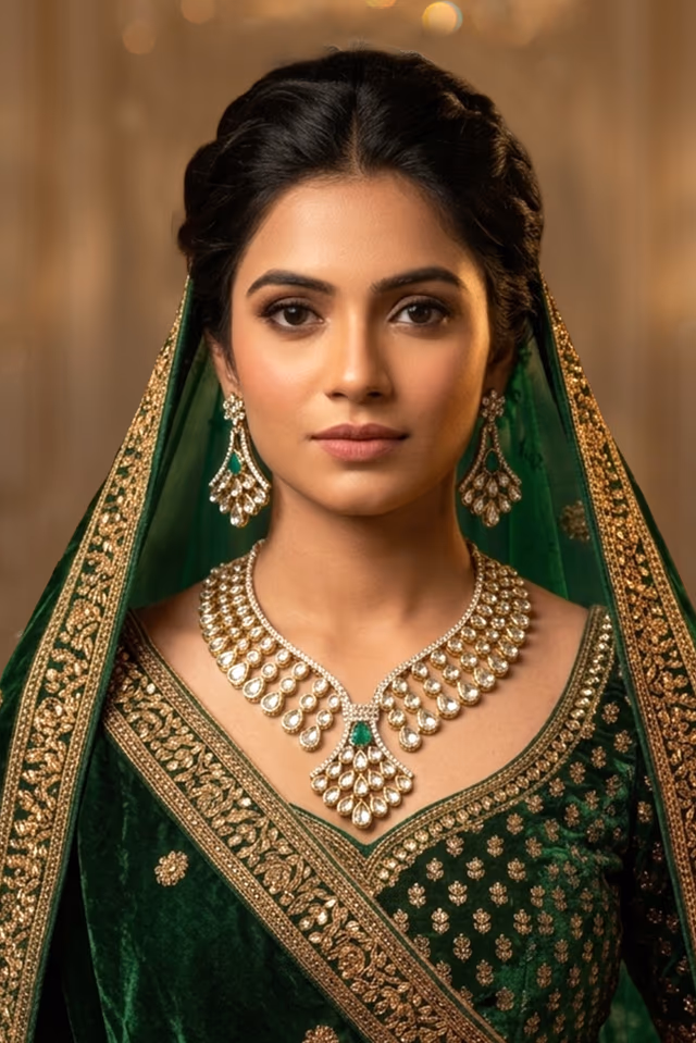 Elegant Kundan Work Necklace Featuring A High Shine Finish And Classic Green Stone Detailing — rent in Bangalore