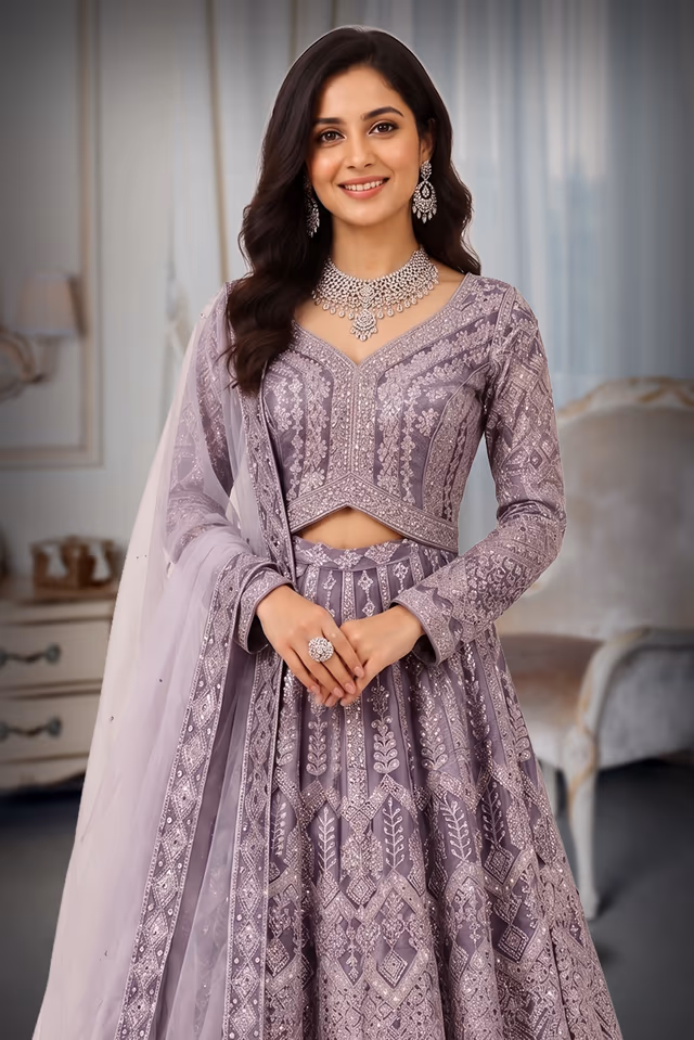 Elegant Lavender Embroidered with Matching Net Dupatta for Festive Wear — rent in Bangalore