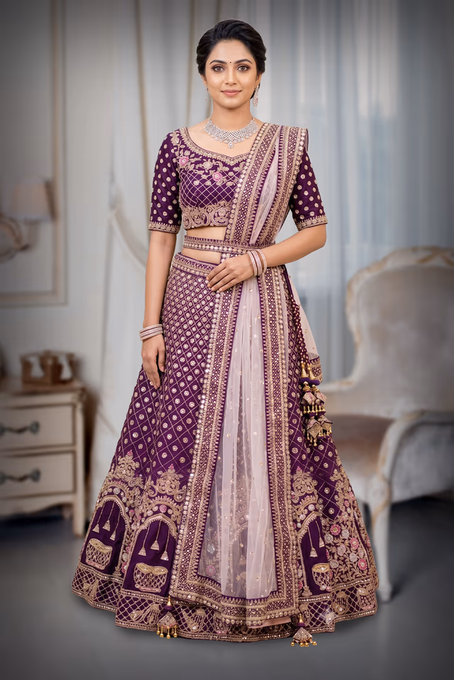 Elegant Lehenga Adorned with Complete Traditional Embroidery for Grand Celebrations — back view, rent in Bangalore