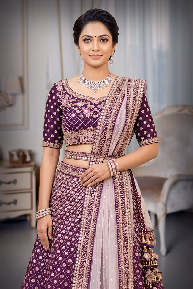 Elegant Lehenga Adorned with Complete Traditional Embroidery for Grand Celebrations — rent in Bangalore