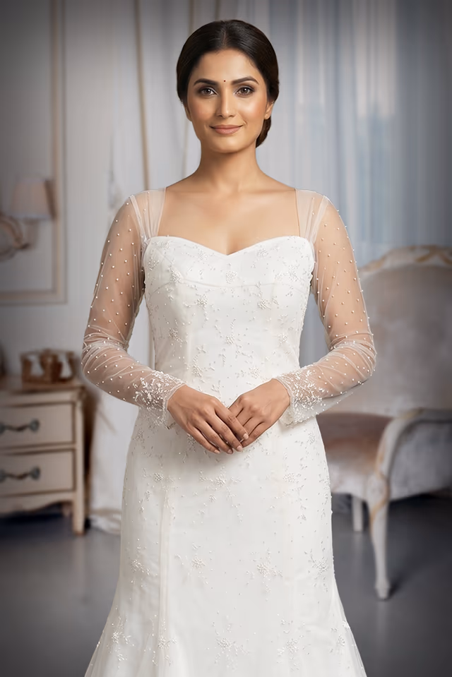 Elegant Mermaid Bridal Gown with Sheer Illusion Long Sleeves and Lace Appliqués — rent in Kochi