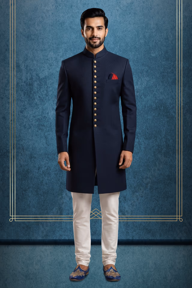 Elegant Navy Blue Checked Sherwani with Luxe Gold Buttons for Wedding Occasions — rent in Bangalore