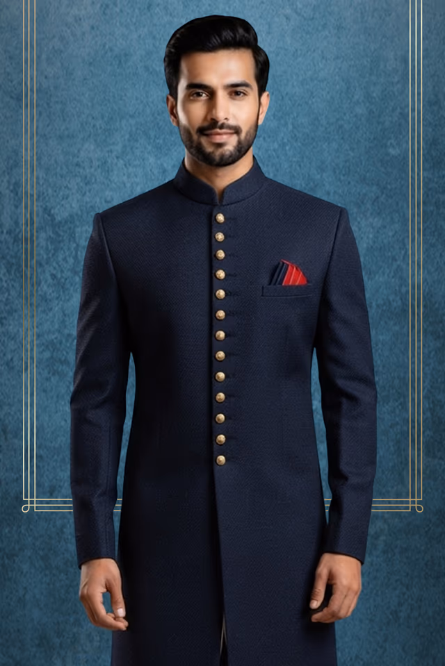 Elegant Navy Blue Checked Sherwani with Luxe Gold Buttons for Wedding Occasions — back view, rent in Bangalore