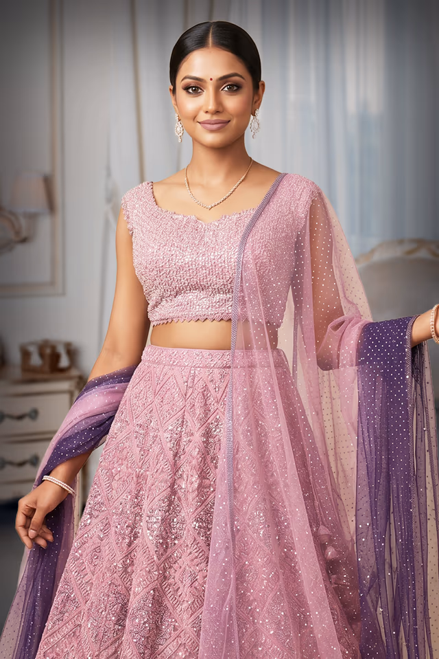 Elegant Ombré Mauve-Lilac to Deep Plum Georgette Lehenga Set with Mirror & Sequin Embroidery — rent in Kochi