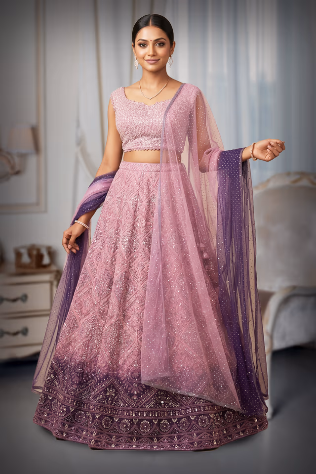 Elegant Ombré Mauve-Lilac to Deep Plum Georgette Lehenga Set with Mirror & Sequin Embroidery — back view, rent in Kochi