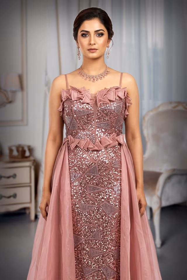 Elegant Peach Silhouette Gown with Dramatic Side Flair and Tail Effect — rent in Bangalore