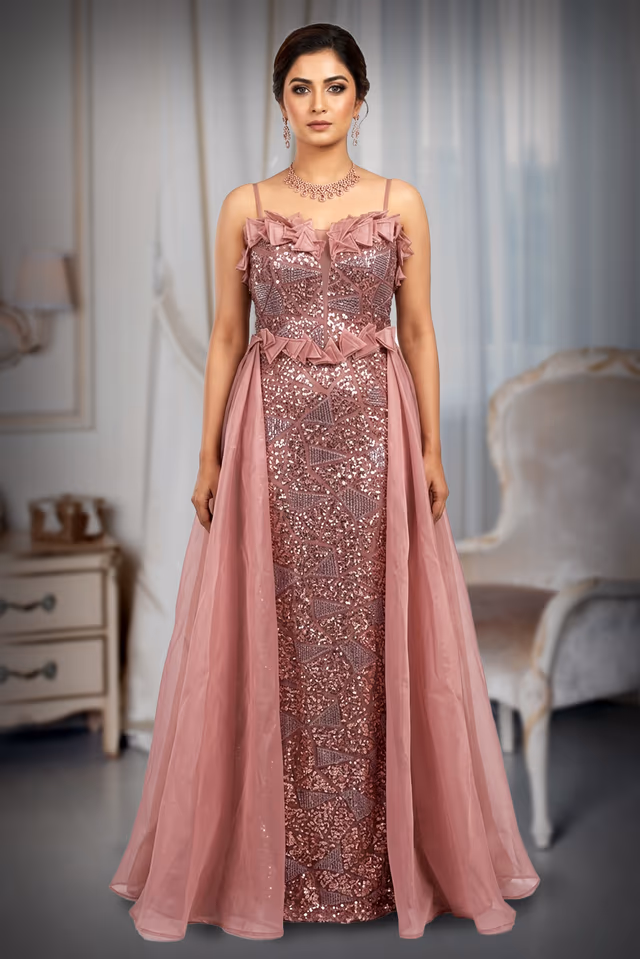 Elegant Peach Silhouette Gown with Dramatic Side Flair and Tail Effect — back view, rent in Bangalore