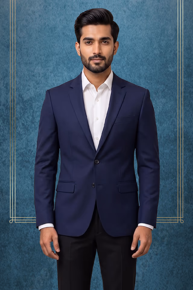 Elegant Plain Navy Blue Blazer for Formal and Professional Occasions — back view, rent in Bangalore