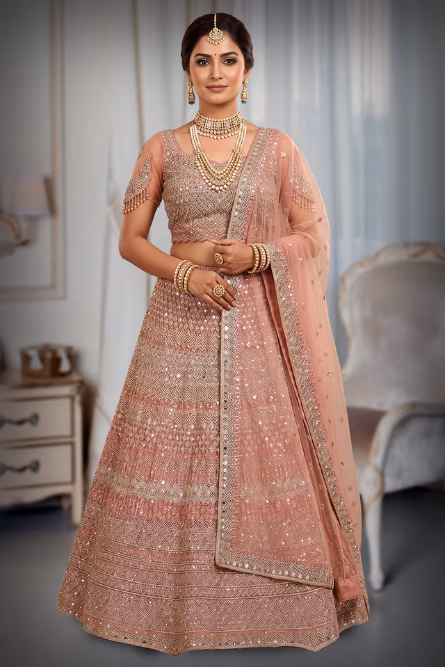 Elegant Rose Pink and Gold Heavily Embellished Lehenga Choli Set with Net Dupatta — back view, rent in Edappally