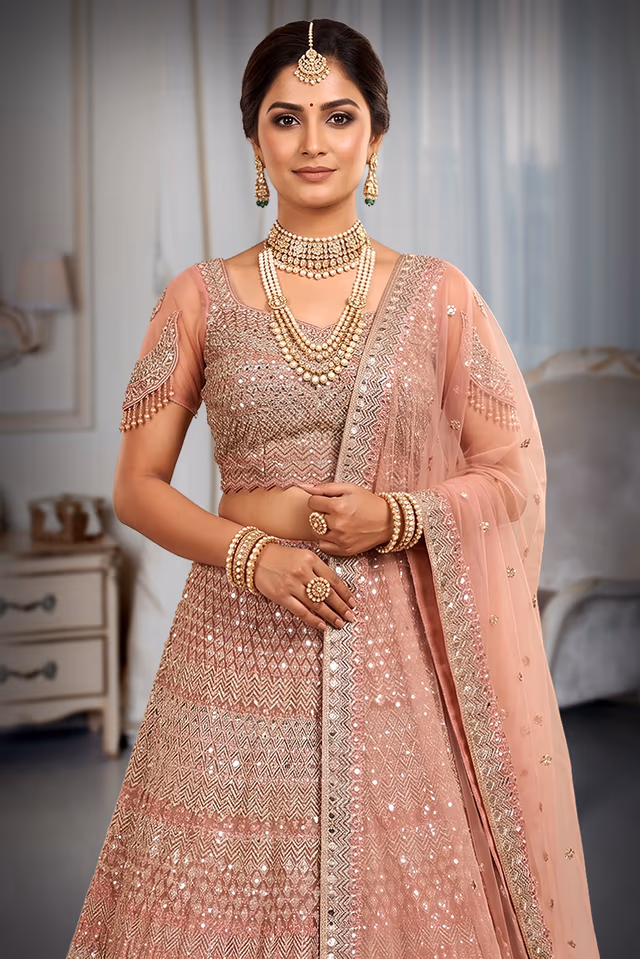 Elegant Rose Pink and Gold Heavily Embellished Lehenga Choli Set with Net Dupatta — rent in Edappally