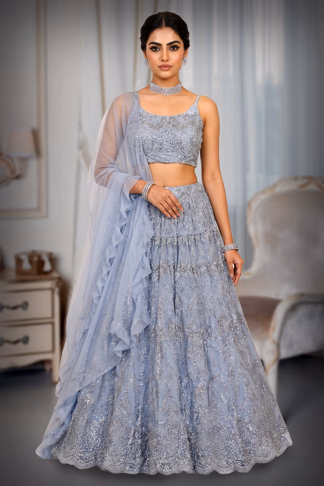 Elegant Sea Blue Netted Lehenga with Self Embroidery and Complete Beadwork — back view, rent in Bangalore