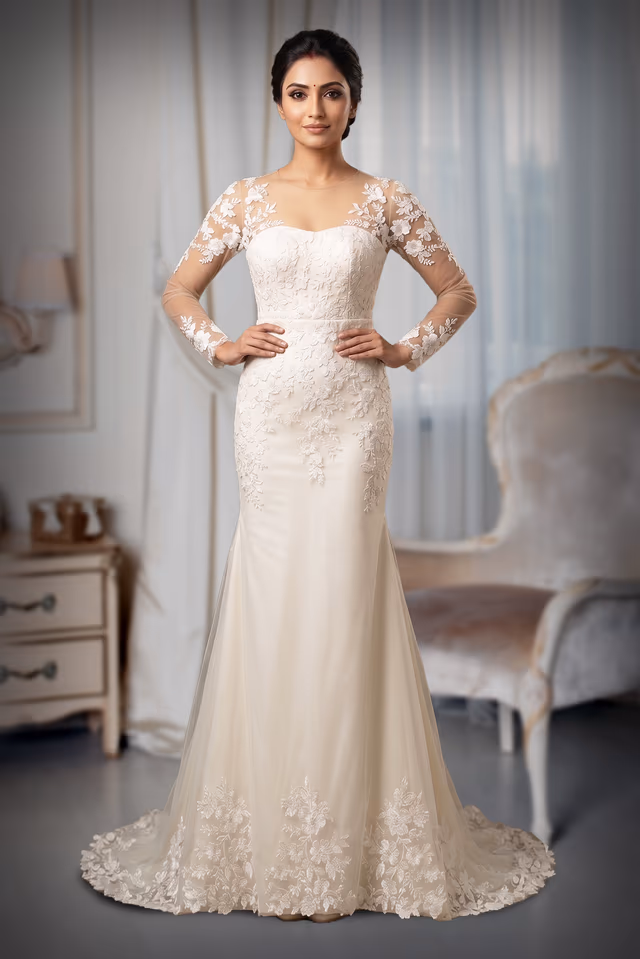 Elegant Sheer Illusion Long Sleeve Bridal Gown with Floral Lace Appliqués and Court Train — back view, rent in Ernakulam