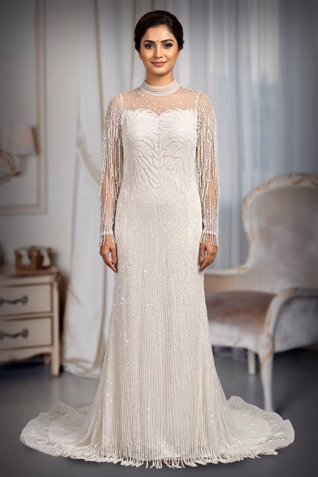 Elegant White High-Neck Sheer Mesh Sequin Embellished Floor-Length Gown — back view, rent in Ernakulam