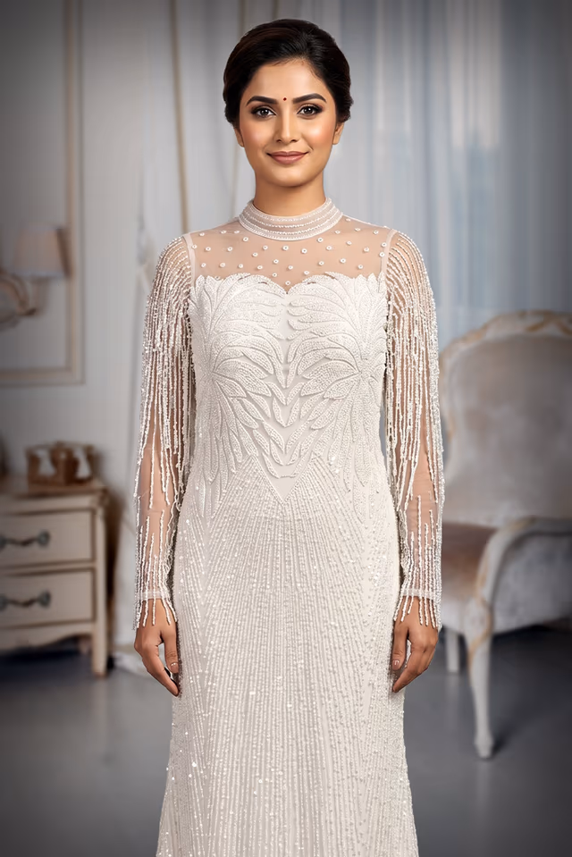 Elegant White High-Neck Sheer Mesh Sequin Embellished Floor-Length Gown — rent in Ernakulam