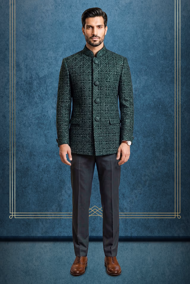 Emerald Green Embroidered Velvet Indo-Western Sherwani with Geometric Lattice Pattern — rent in Edappally