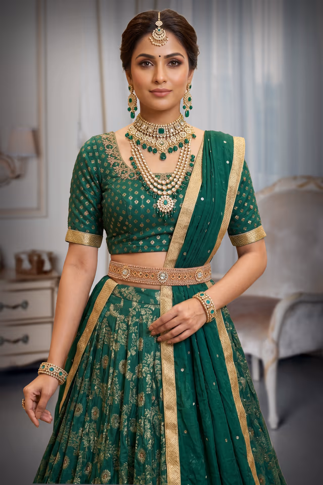 Emerald Green Floral Embroidered Lehenga with Dupatta — rent in Coimbatore