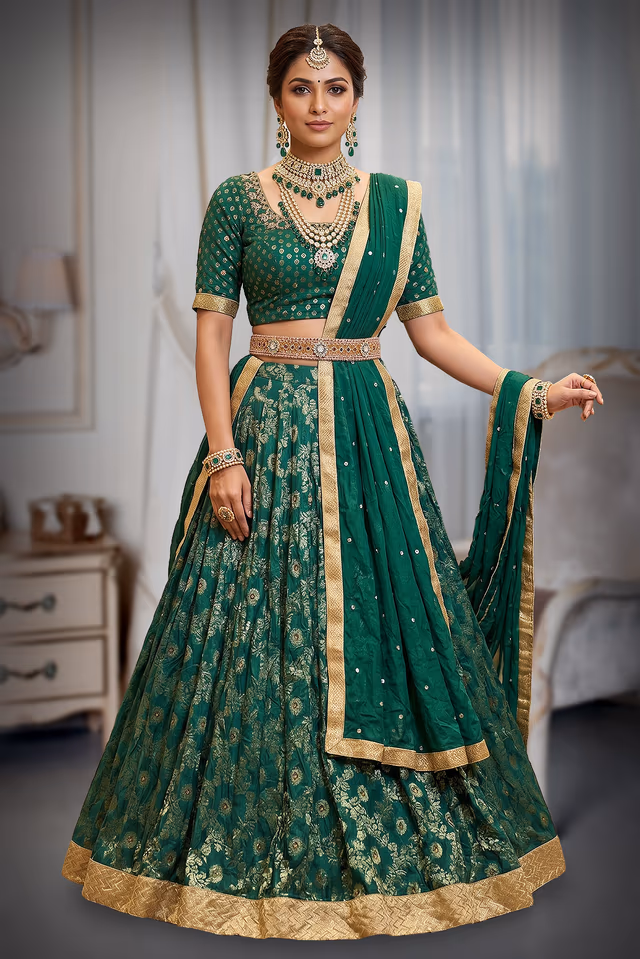Emerald Green Floral Embroidered Lehenga with Dupatta — back view, rent in Coimbatore