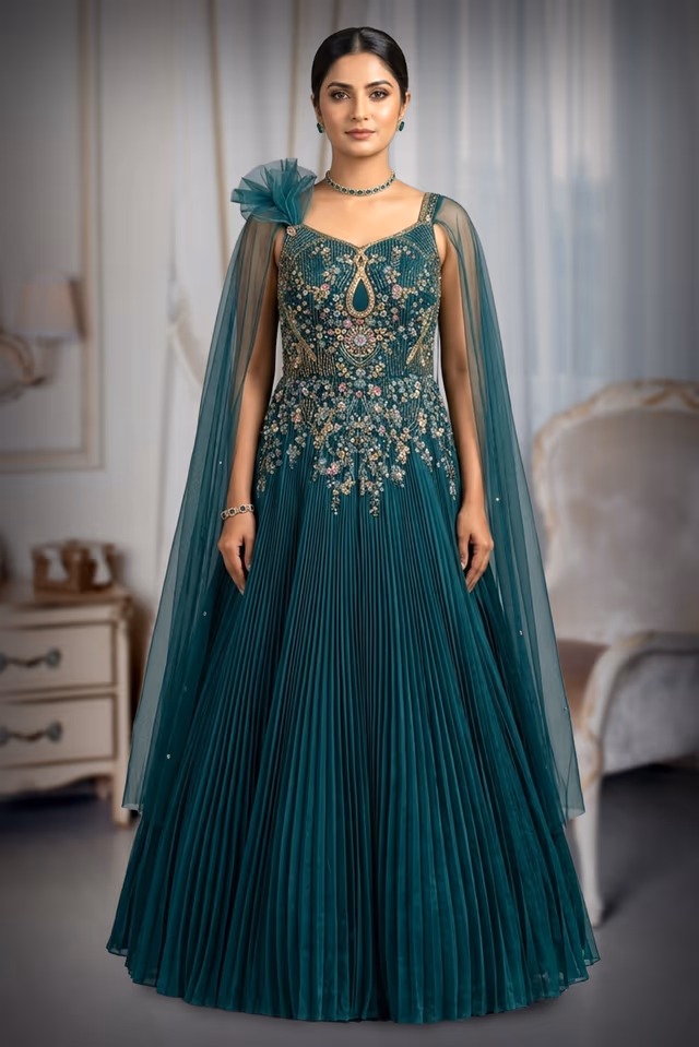 Emerald Green Pleated Gown with Intricate Sugar Beads Embellished Throughout — back view, rent in Bangalore