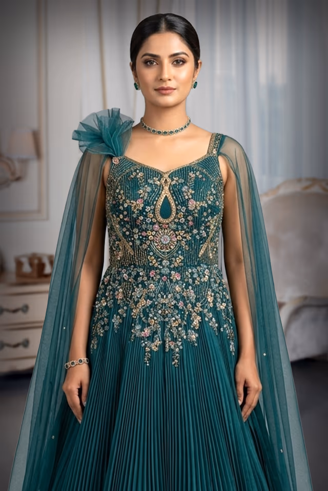 Emerald Green Pleated Gown with Intricate Sugar Beads Embellished Throughout — rent in Bangalore