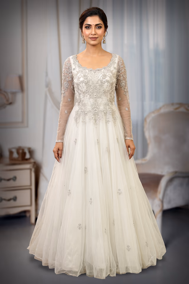 Ethereal Ivory Tulle Gown with Silver Beadwork and Cathedral Trail — back view, rent in Edappally