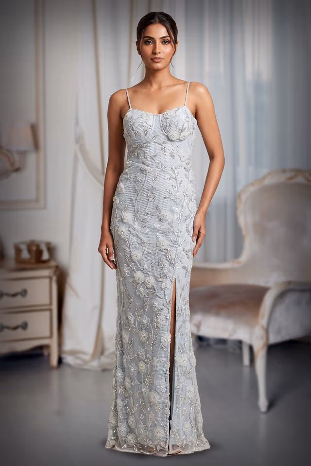 Ethereal Powder Blue Floral Sequin Maxi Gown with Thigh-High Slit — back view, rent in Edappally