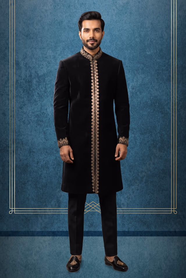 Experience Royal Grace In This Deep Black Velvet Sherwani Showcasing Exquisite Gold Embroidery Along The… — rent in Calicut