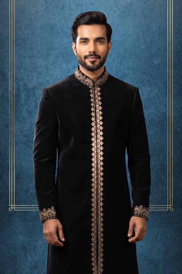 Experience Royal Grace In This Deep Black Velvet Sherwani Showcasing Exquisite Gold Embroidery… — back view, rent in Calicut