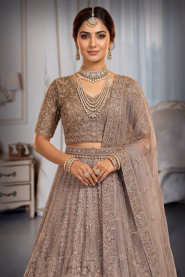 Exquisite Silver Grey Embroidered Bridal Lehenga with Elegant Net Dupatta Ensemble — rent in Bangalore