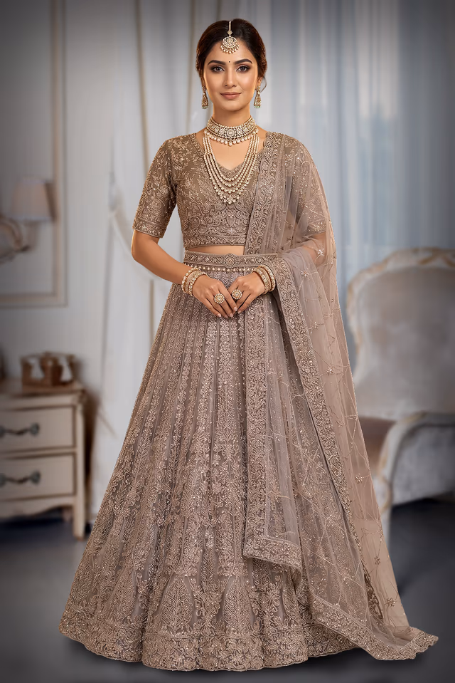 Exquisite Silver Grey Embroidered Bridal Lehenga with Elegant Net Dupatta Ensemble — back view, rent in Bangalore
