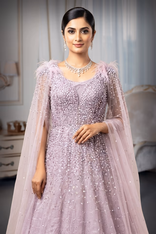 Glamorous Lilac Net Embellished Evening Gown with Feathered Shoulder Cape Sleeves — rent in Kochi